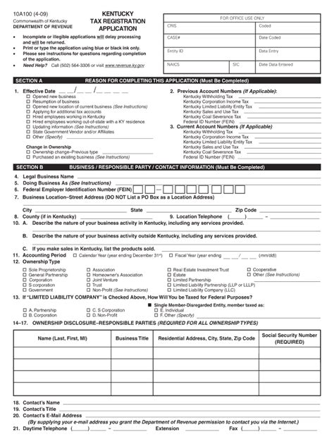 Ky Dor 10a100 2009 Fill Out Tax Template Online Us Legal Forms