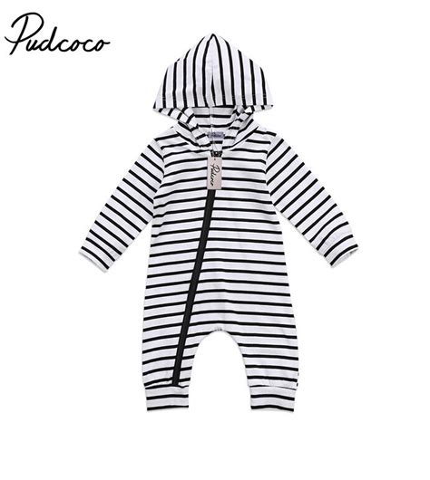 Stripe Hooded Romper Tops Newborn Baby Boy Long Sleeve Zipper Rompers