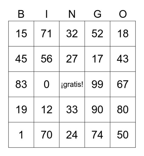 Los Números 0 100 Bingo Card
