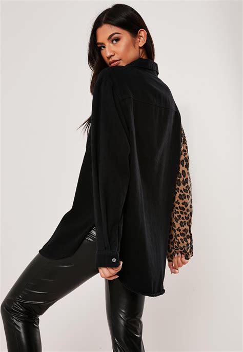 Missguided Black Super Oversized Leopard Print Panel Shirt Fashion