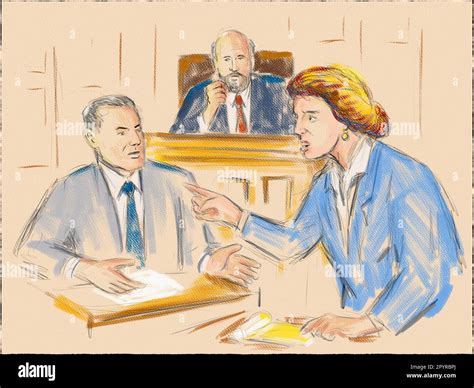 Pastel Pencil Pen And Ink Sketch Illustration Of A Courtroom Trial