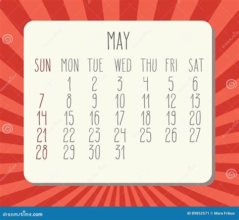 Maj 2017 Kalender Vektor Illustrationer Illustration Av Vektor 89852571