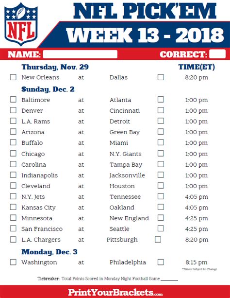 We'll find out soon if that came from inside information or a pure. NFL Week 13 Pick'em Sheet in Color | Nfl week, Fantasy ...