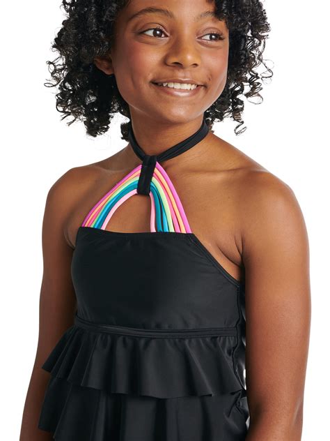 Justice Girls 2 Piece Ruffled Halter Rainbow Strap Tankini Swimsuit Sizes 5 18