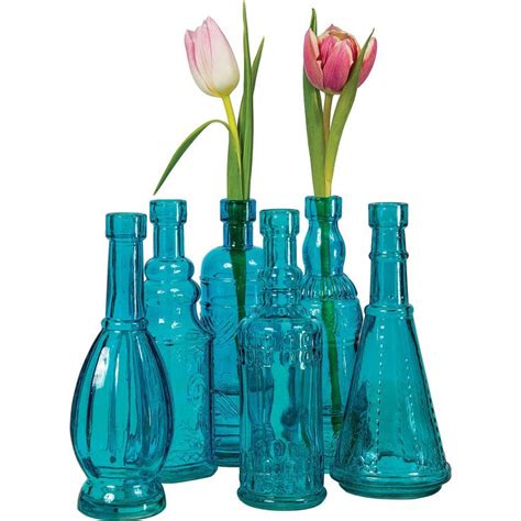 Luna Bazaar Small Vintage Glass Bottle Set 7 Inch Brooklyn Design Clear Set Of 6 Flower