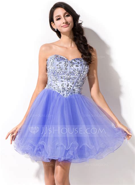 A Lineprincess Sweetheart Shortmini Tulle Prom Dresses With Beading