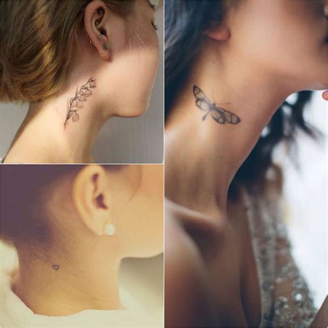 Four Different Pictures Of The Same Womans Neck And Ear With Tattoos