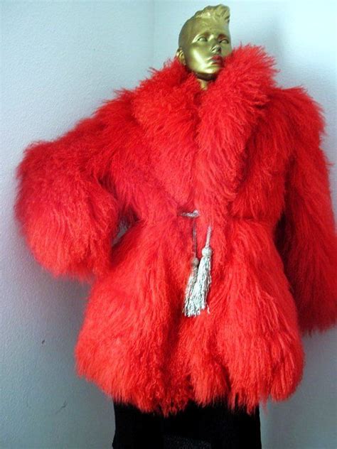 Big Red Genuine Mongolian Lamb Luxurious Fur Coat Sz Lxl For
