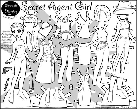 secret agent girl black and white paper doll paper thin personas