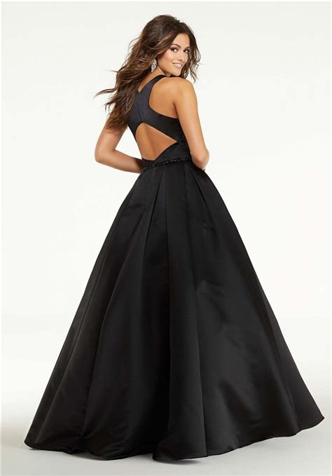 ball gown long black satin square neck prom dress open back