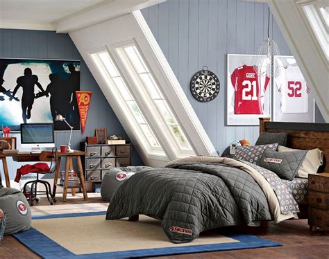 If you're looking for bedroom ideas for a boy who loves the great outdoors, bunk beds are the perfect design covering all furniture and surfaces in small, tight patterns in a monochromatic palette creates dimension and makes a space. Teenage Guys Bedroom Ideas | Football Inspired | PBteen ...