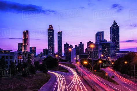Usa Georgia Atlanta City Skyline At Dusk Stock Photo Dissolve