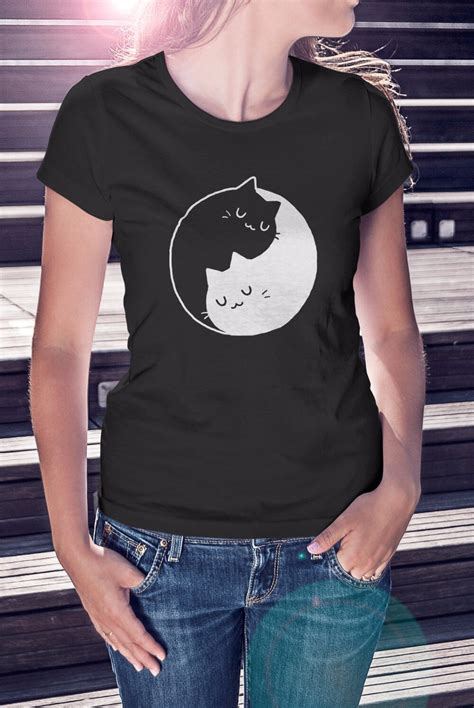 New Womens Ladies Fitted Cool Vintage Retro Cat Kitten Yin Yang T Shirt