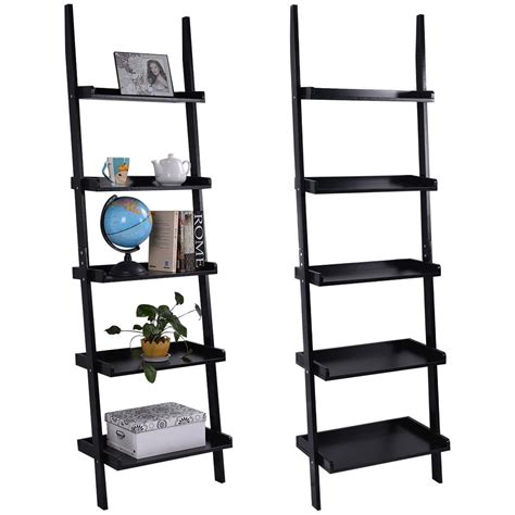 Costway Versatile Black 5 Tier Bookshelf Leaning Wall Shelf Ladder