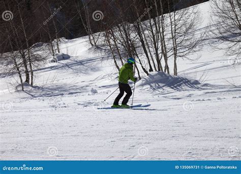 Skier Downhill On Snowy Ski Slope With Birch Trees Editorial Photo