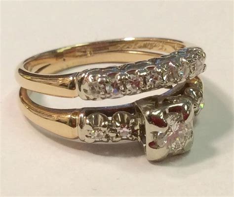 Vintage 1940s 14 K Gold Two Tone Diamond Wedding Ring Set From