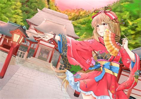 Wallpaper Anime Girl Shrine Short Kimono Blonde Trees