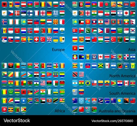 Collection Country Flags On A Blue Background Vector Image