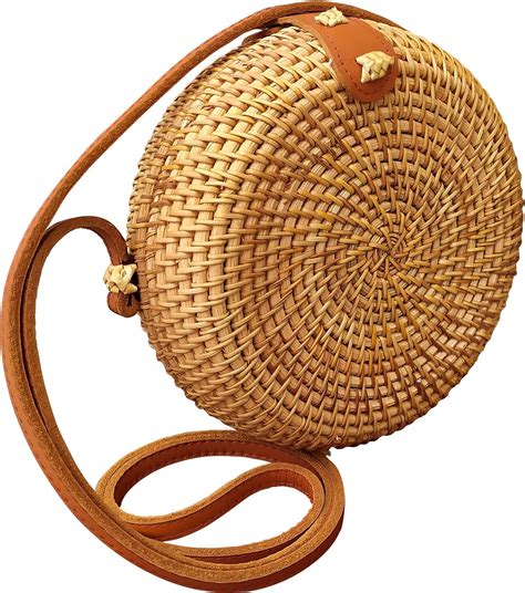 Rattan Bags With Genuine Leather Woven Straw Crossbody Wicker Purse