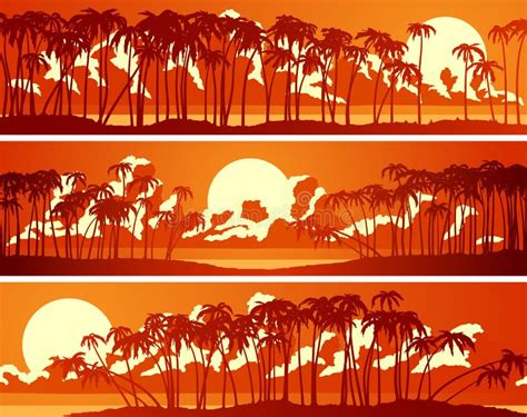 Horizontal Banners Of Palm Trees On The Beach At Sunset Stock Vector