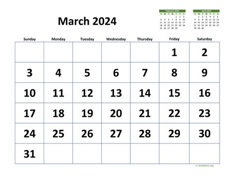 March 2024 Calendar With Extra Large Dates