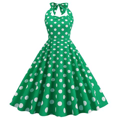 Women S Vintage Polka Dot Halter Dress 1950s Floral Spring Retro Rockabilly Cocktail Swing Tea