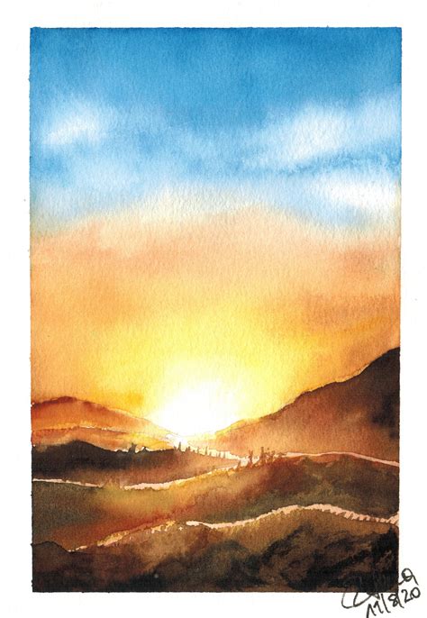 Mountain Sunrise Watercolor Rwatercolor