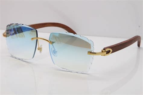 Cartier Rimless 8300816 Original Wood Sunglasses In Gold Ice Blue Carved Lens