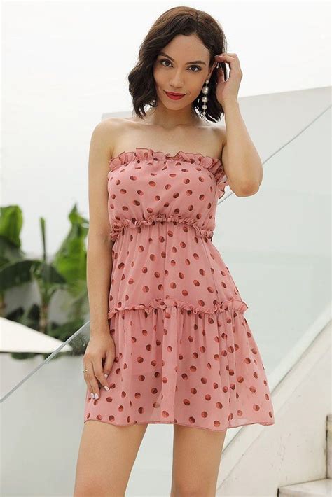 Pink Polka Dot Strapless Ruffled Chiffon Dress Fashion Sexy Dresses