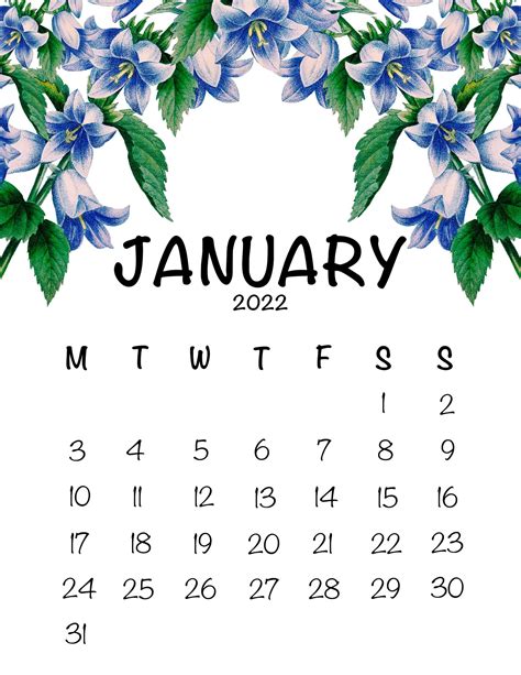 Flower Calendar Printable Calendar 2022 Monthly Calendar Etsy Canada