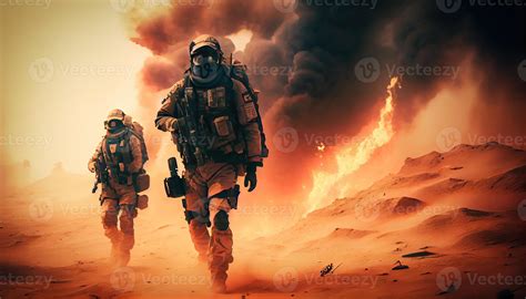 Military Special Forces Soldiers Crosses Destroyed Warzone Through Fire And Smoke In The Desert