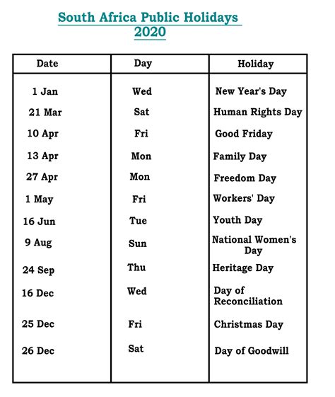 South Africa Holidays Printable Template Calendar