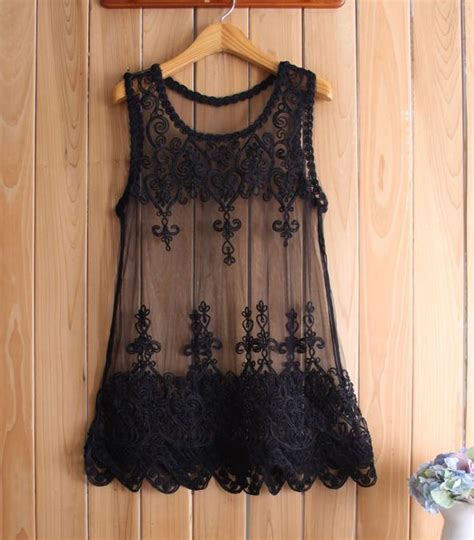 Plus Size Hollow Lace Embroidery Sheer Floral Blouses And Shirts Women Tank Mesh Vest Bottoming