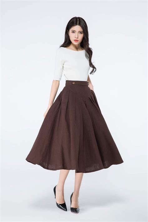 Brown Linen Midi Skirt Pleated Linen Skirt Womens Circle Skirts Vintage Inspired Linen Skirt