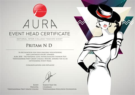 Certificate Design For Aura Fashion Nite Vidhyaashram College Mysore