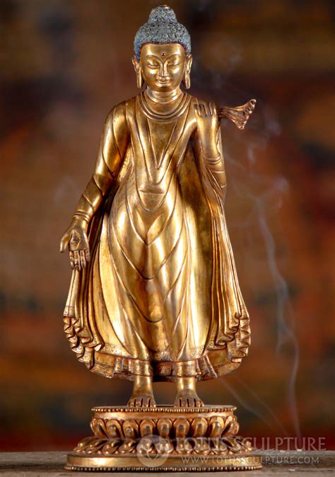 Gold Plated Nepali Buddha Statue Wearing Flowing Robes Of Swayambhunath