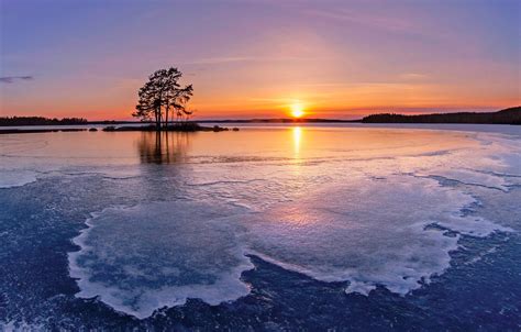 Wallpaper Winter Trees Sunset Ice Island Finland Finland Lake