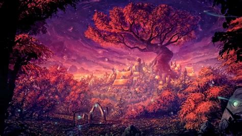 Download 1366x768 Fantasy Landscape Village Sacred Tree Tablets