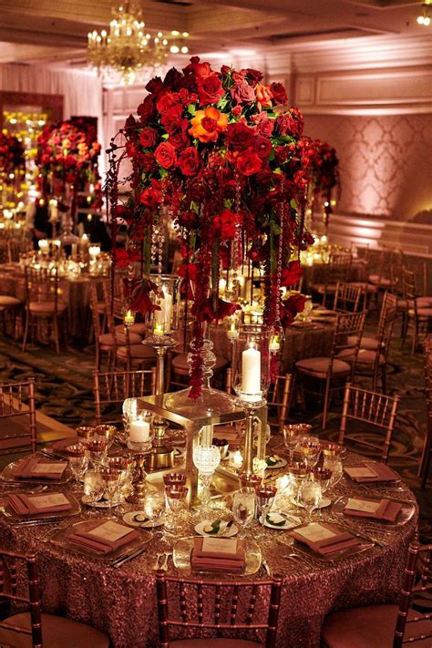 Tall Red Rose Centerpiece With Cascading Crystals And Florals Photo