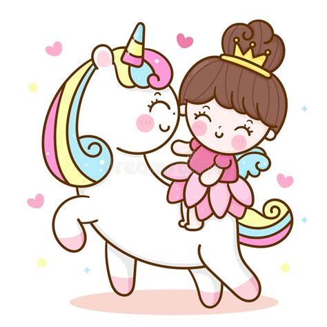 Cute Princess Cartoon And Unicorn Vector Sit On Birthday Cake With