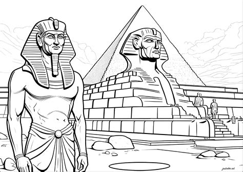 Pharaoh In Front Of Sphynx And Pyramid Egypt Adult Coloring Pages