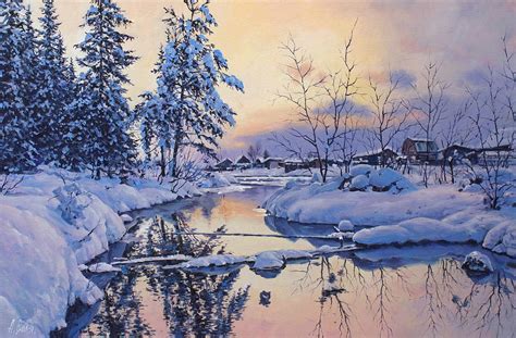 Winter River Sunset Painting By Alexander Volya