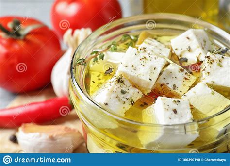 Pickled Feta Cheese In Jar On Table Stock Photo Image Of Milk