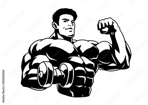 Muscular Bodybuilder With Dumbbells Showing Big Biceps Vector Cartoon