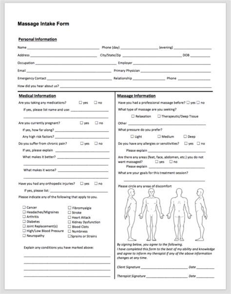 Printable Massage Intake Form Template Printable Free Templates