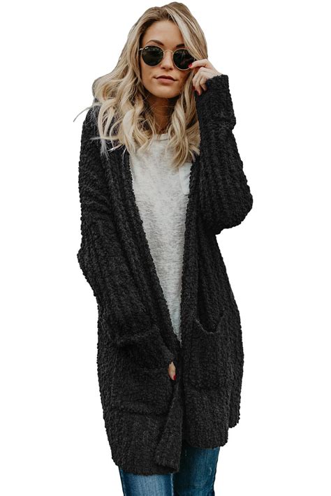 Tita Women Long Sleeve Open Front Textured Cardigan Sweater Black