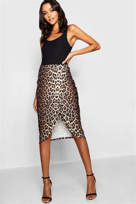 Tall Wrap Over Split Leopard Midi Skirt Boohoo Midi Skirt Skirts