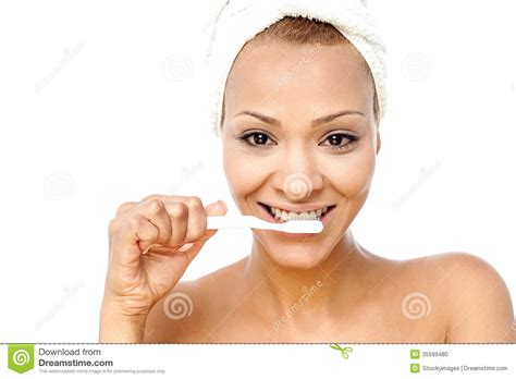 Smiling Woman Brushing Her Teeth Stock Photo Image Of Naked Lady