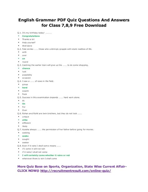Each one of these quizzes has been lovingly researched, and contains 20 questions, with multiple choice answers. English Grammar PDF Quiz Questions And Answers for Class 7 ...