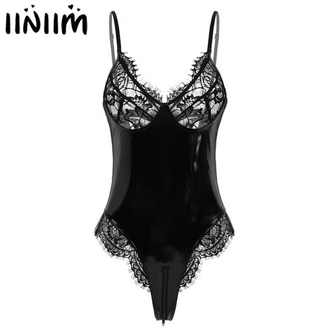 Women Hot One Piece Pvc Leather Lingerie Sissy Latex Catsuit Sexy Body Sheer Lace Cups Open